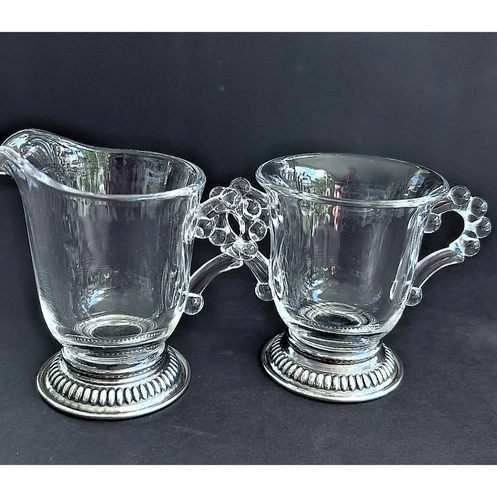 Imperial Glass Candlewick Cream & Sugar Sterling Silver Non-weigted Bases